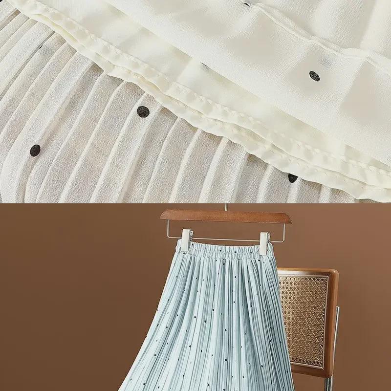 2025 Spring/Summer Women's High Waist Polka Dot Pleated A-Line Chiffon Midi Skirt