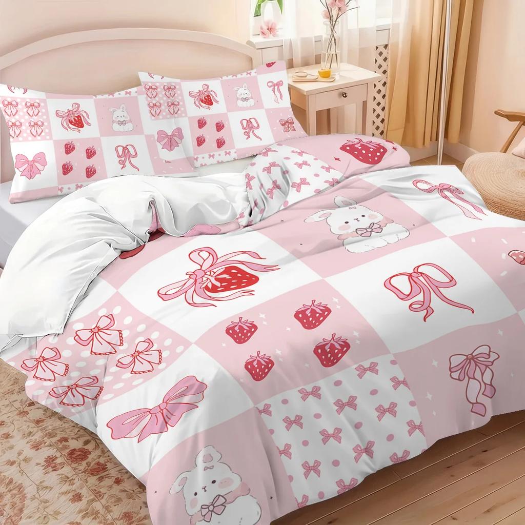 3pc Bedding Pink Rabbit Bow Strawberry Print (1 Set +2 Pillowcases, No Core), Bedding, Various Size To Meet Different Needs