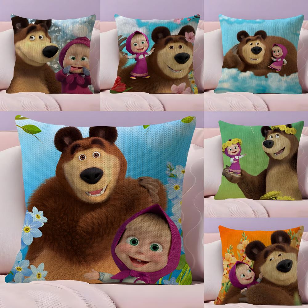 MMasha And The BearR Cushion Cover Natural Linen Pillow Case DoubleSided Print Decorative Sofa Pillowcase Home Decor Gift