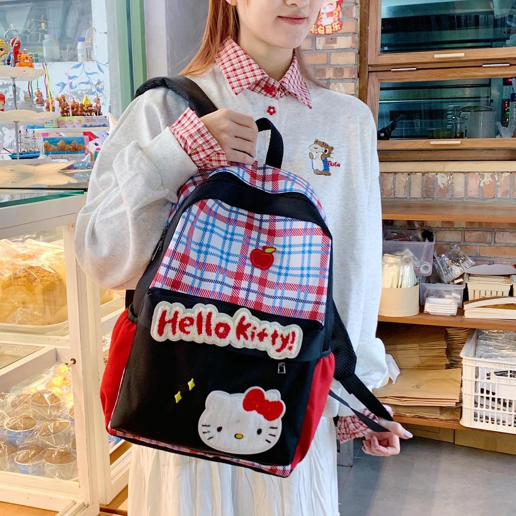 American Girl Retro Blue Plaid Cartoon Backpack for Junior and High School - Large Capacity, Casual Style