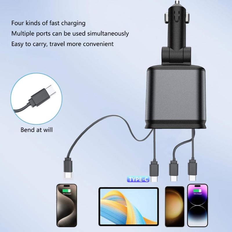 4 in 1 Car Charging Adapter Retractable Phone Fast Car Chargers with Type-C Cord USB & USB C Port Ambient Light