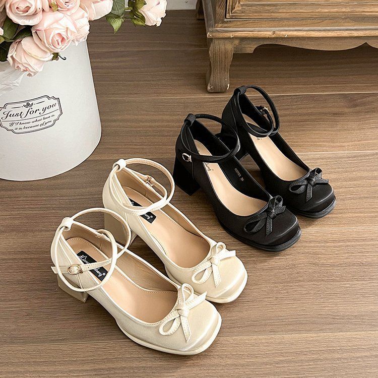 

French thick heel single shoes women s ballet satin cream high heels waterproof table light mouth middle heel gentle and light Mary Jane 40 чёрный