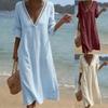 Spring Summer Women's Casual Loose Solid Color Cotton Lace V-neck Dress Leisure Trade
