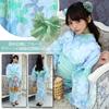 RAVIR Yukata Light Blue with Abstract Floral Fluffy Obi and Geta One Size Fits All Women's 3-Piece Set, Pattern, Belt, Sandals,