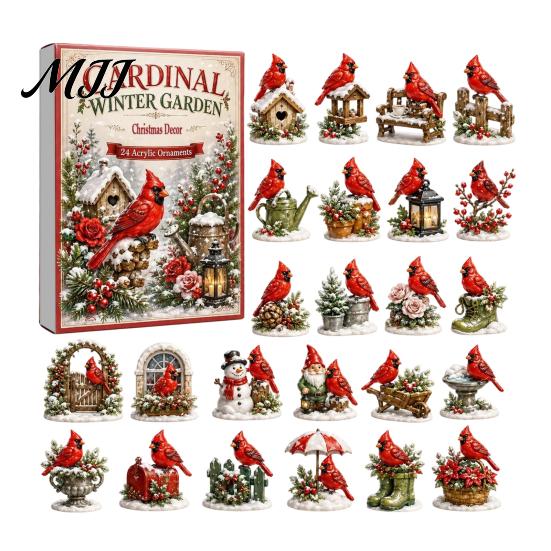 Bird Themed Hanging Ornaments Acrylic Christmas Advent Calendar Box with 24 Ornaments, Desktop Display Festive Countdown Decoration for Home