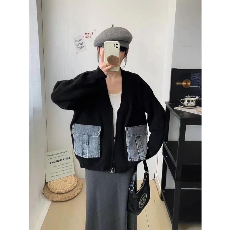 

Осень и зима новый свободный джинсовый кардиган на молнии с трикотажной вставкой повседневный универсальный свитер-куртка женский one size fits all