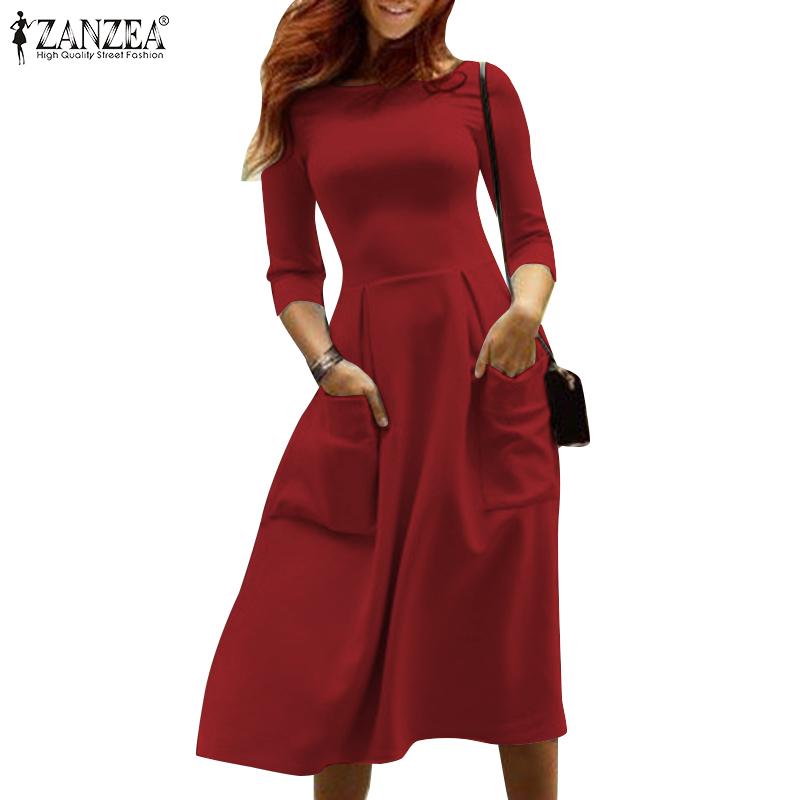 

ZANZEA Женское повседневное длинное платье с круглым вырезом и рукавами 3/4