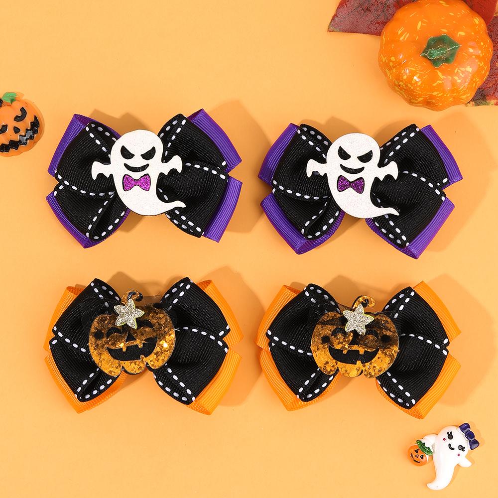 2Pcs Halloween Ghost Bow Hair Clips Cute Pumpkin Mesh Bownot Hairpins For Girls Children Gothic Headwear Hair Accessories