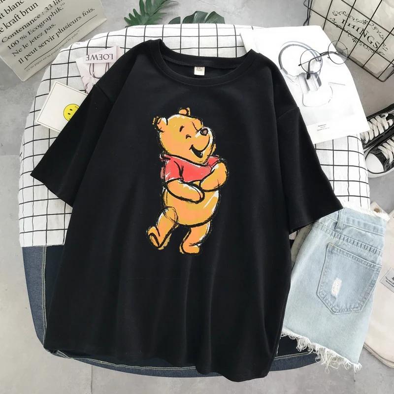 MINISO Winnie Disney Women Men Tshirts Pooh Bear Cartoon Kawaii Tops Fashion Oversized Clothing Short Sleeve Hotselling Top