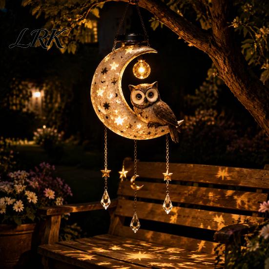 Hanging Resin Owl Moon Lanterns Solar Owl/Cat Light, Outdoor Garden Wind Chime with LED Powered Lawn Decoration Lamps Waterproof Decorative Lamp, Auto