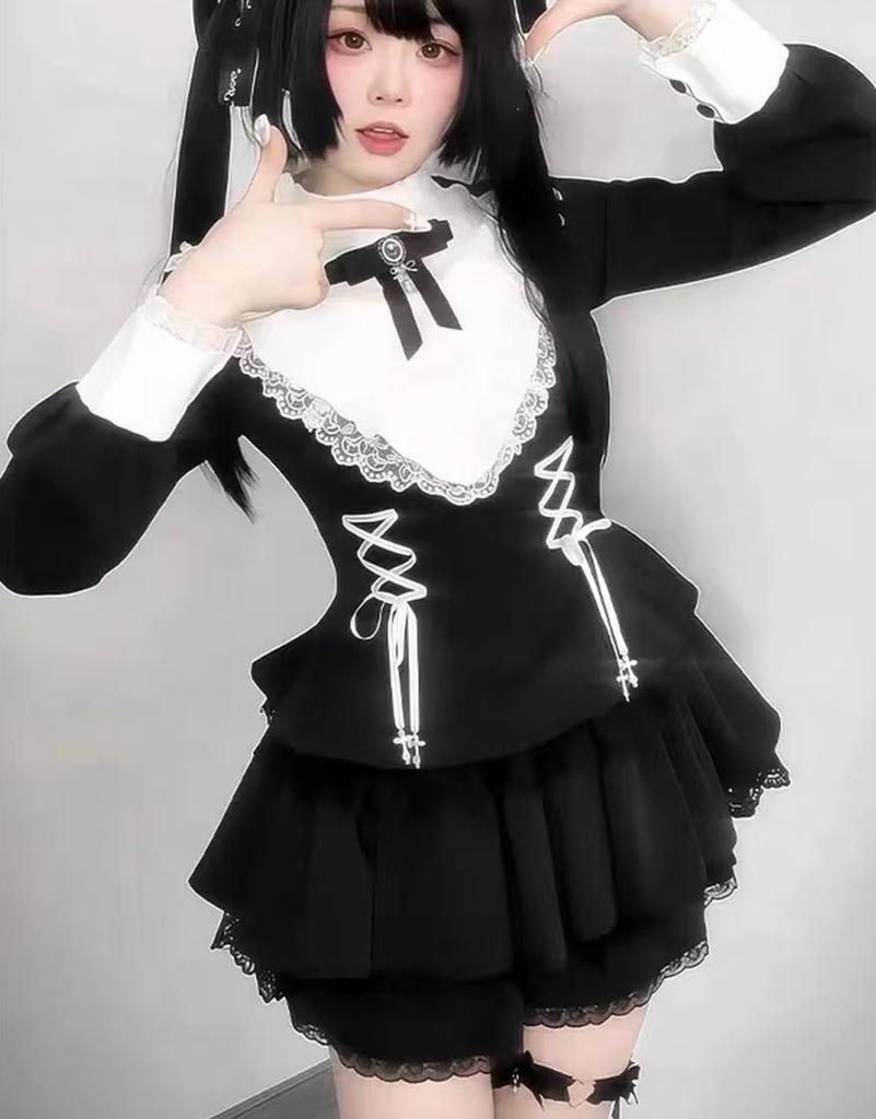 KALAOK Gothic Schwarzes Mori Girl Lolita Kleid, Langärmlig, für Cosplay, Schulfeste, Kulturfeste, Veranstaltungen und Fotoshootings, Größe S