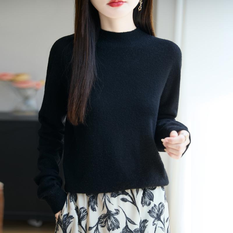 Half Turtleneck Knitted Sweater for Women In Autumn and Winter Loose Pullover Solid-color Casual Knitwear Sweater