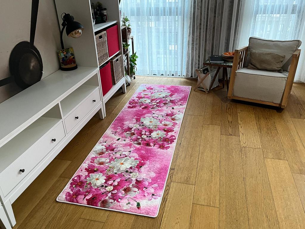 EPeddler Home Modern Pink Flower Pattern Digital Printing Washable Non-Slip Dot Base New Generation Living Room, Kitchen, Entrance Carpet and Floor Mat