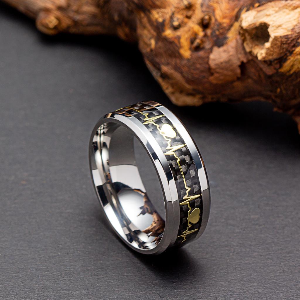 Valentine's Day Jewelry 8mm Inlaid Carbon Fiber Ring Couple ECG Heartbeat Titanium Steel Ring