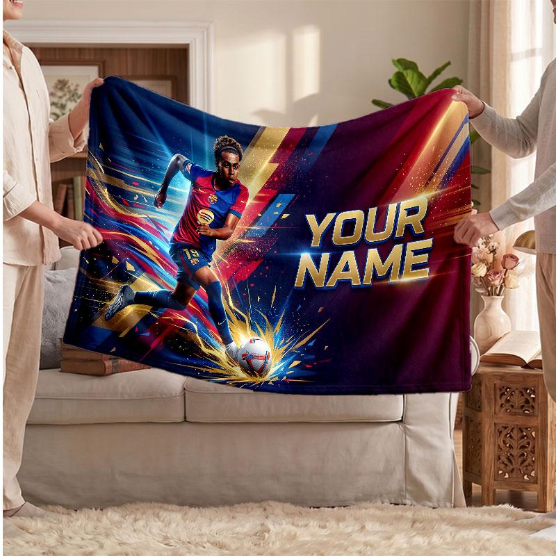 Coperta in pile personalizzata Lamine Yamal con logo del calcio, testo con nome personalizzato, morbida, calda, coperta da divano per la casa