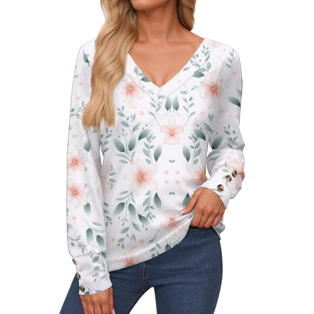 Damenoberteile Langarmmanschetten Button-Up-Hemd V-Ausschnitt Lässiges Lockeres T-Shirt Blumenoberteile