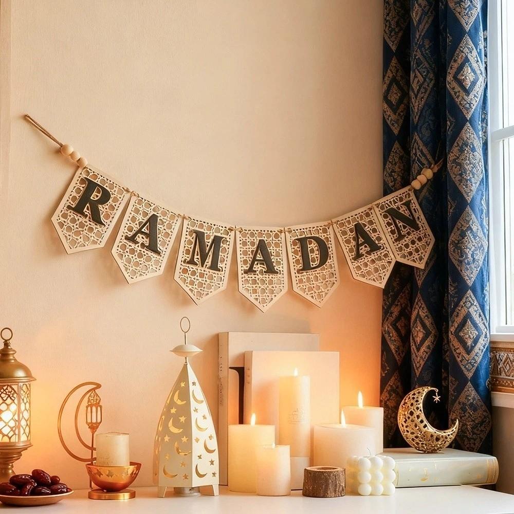 Hollowed Ramadan Decor Pendant Rustic Islamic Flag Garland Wooden Letter Banner  Islamic Festival