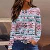 Women's Fashion Casual Slit Hem Round Neck Long Sleeve Loose  Printed T-Shirt Ladies Top