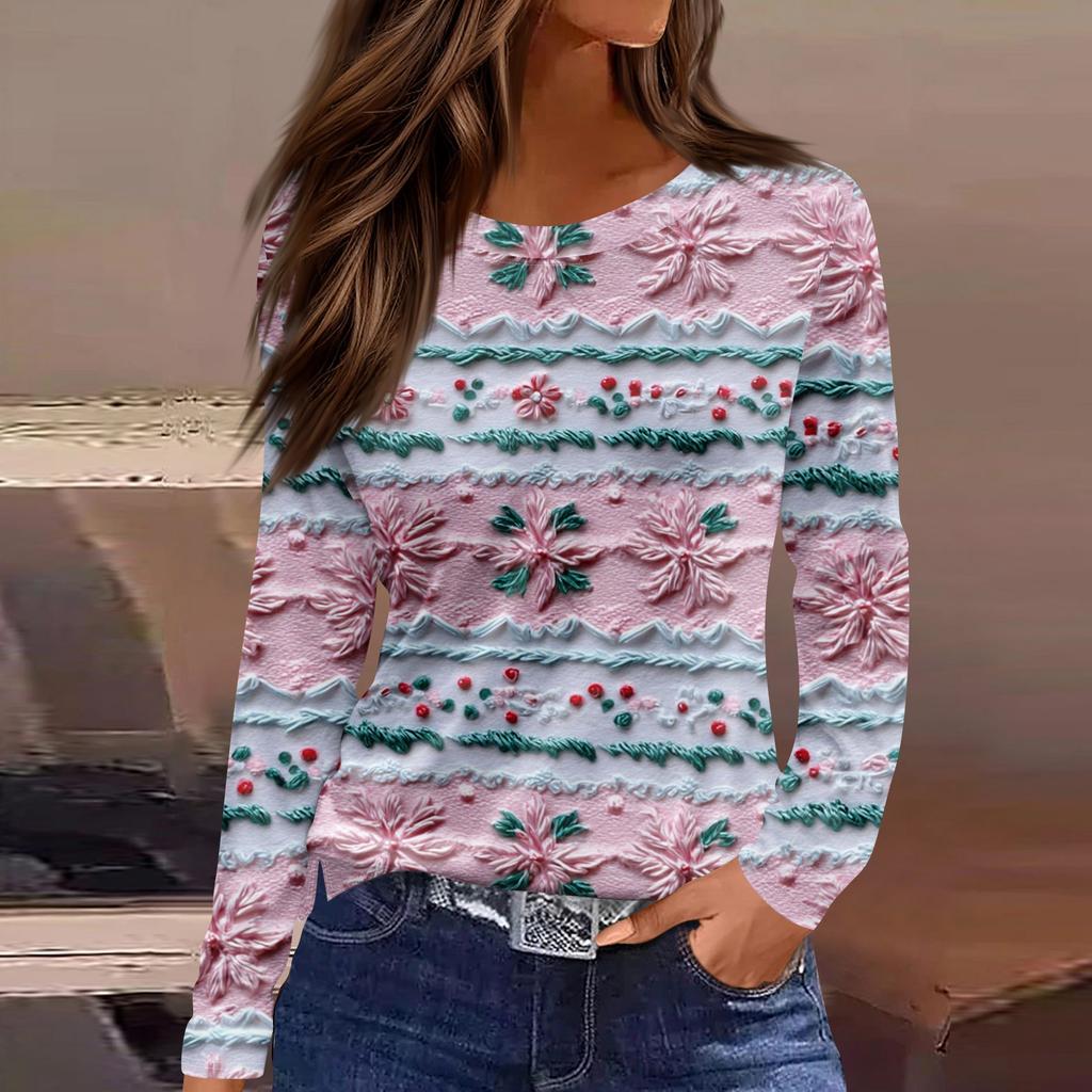 Women's Fashion Casual Slit Hem Round Neck Long Sleeve Loose  Printed T-Shirt Ladies Top