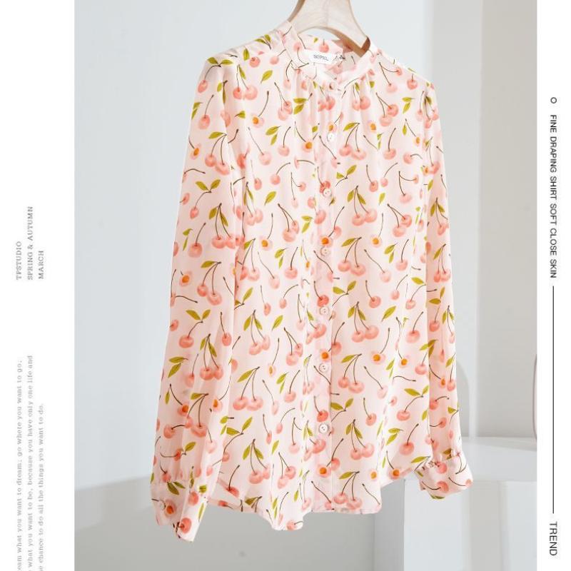 Bedruckte Langarmbluse Damen Frühling Herbst Mode Locker Chiffonhemd Stehkragen Oberteil Blusas Camiseta Mujer