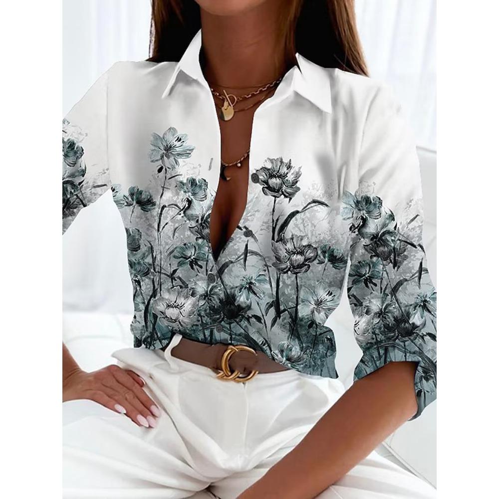 Fashion Women's Shirt & Blouses Elegant Flower Leaf Shirt Print High Quality Long Sleeve Large Size Female Clothing Blouse Tops