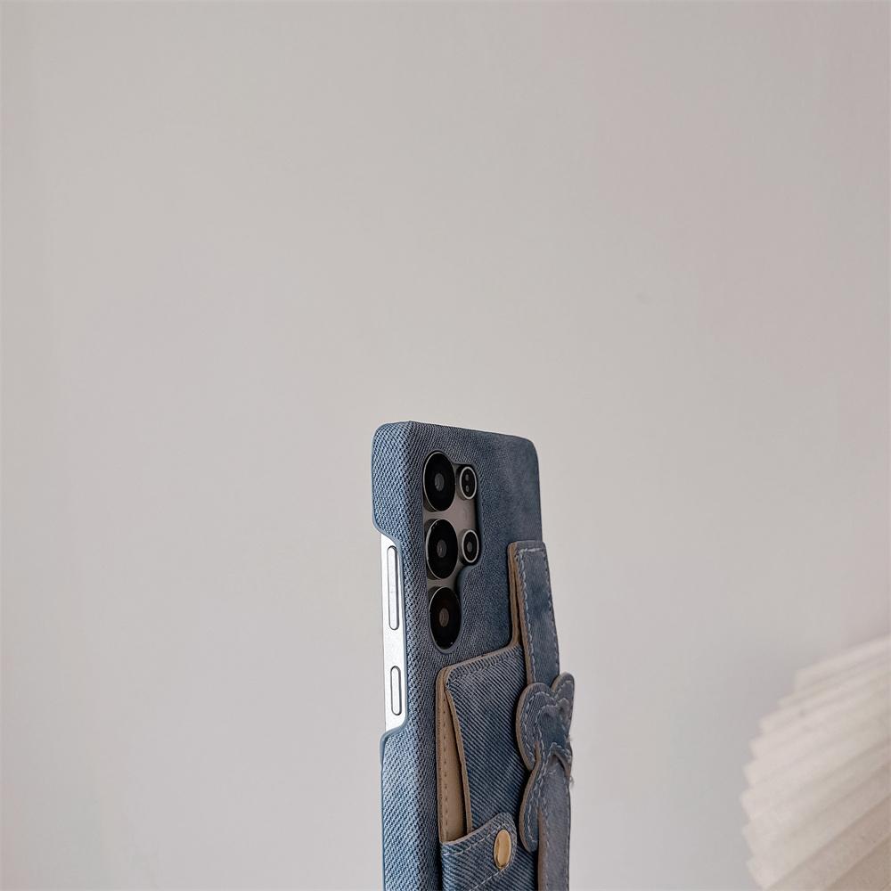 Chic Vintage Heart Bow Wrist Strap Jeans Texture Phone Case for SamSung Galaxy S26 Ultra S25 S24 S23 Card Holder Protect Cover