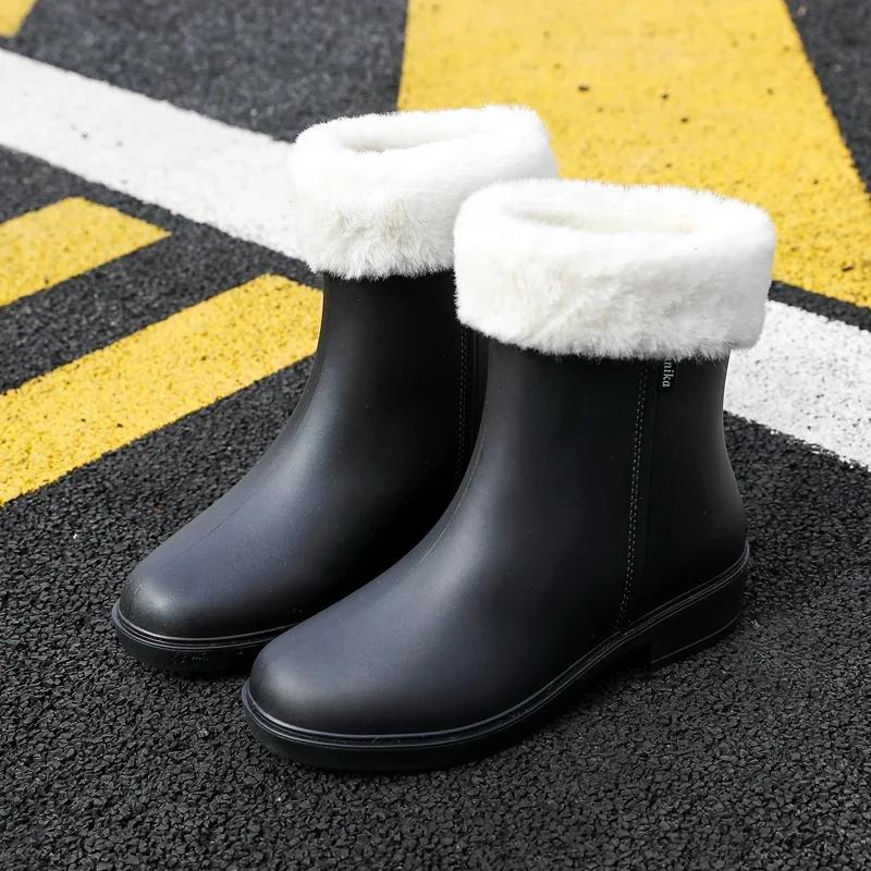 Fashion Women Rain Boots Korean High-heel Fashion Outdoor Short Tube Rain Boots Waterproof Shoes Warm Cotton Anti Slip Ankle Boots 2025