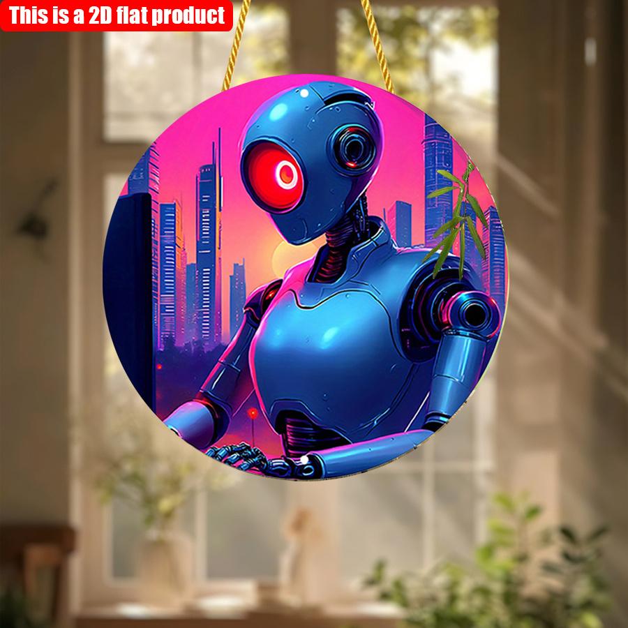 2D Flat 20*20cm1pc City Sunset scenery Blue Robot pattern Circular Hanging ornament, Futurist Urban Landscape Theme Wooden decoration, Application