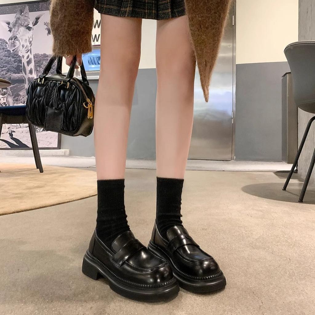 Spot Second Hair! Fashion Versatile New British Style Retro Polished Color Round Head Thick Heel One Pedal Loafers