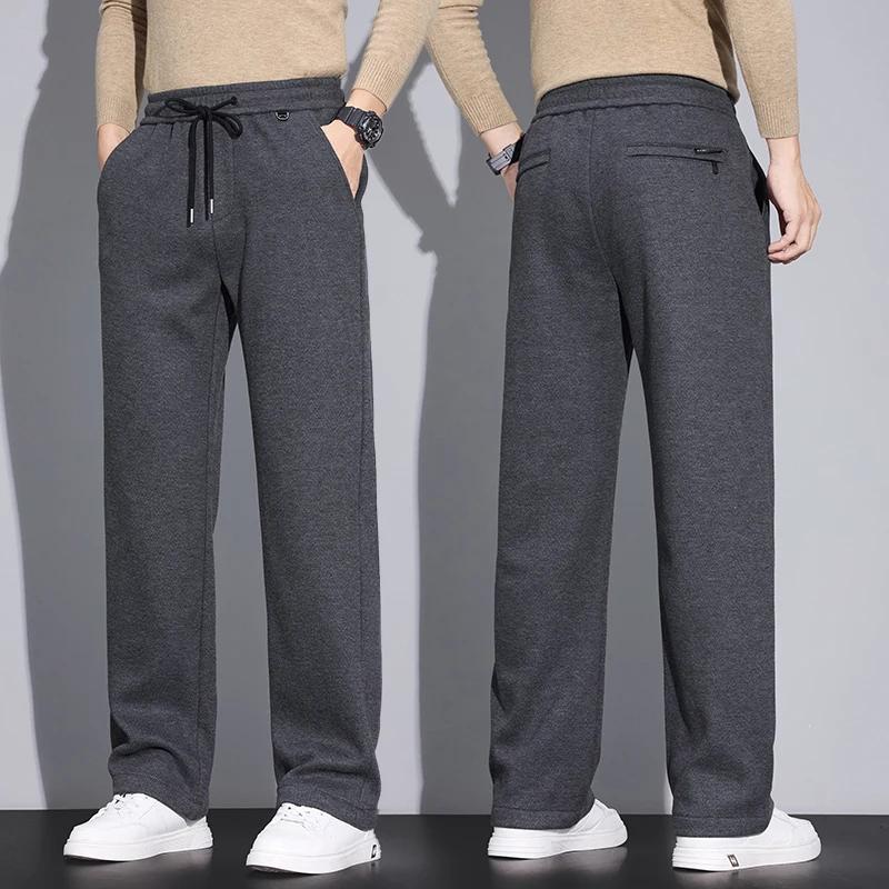 2025 Soild Color Men Thick Pants Winter Men Warm Straight Leg Pants Male Mid Waist Long Trousers Man Casual Wear Fleece Pants