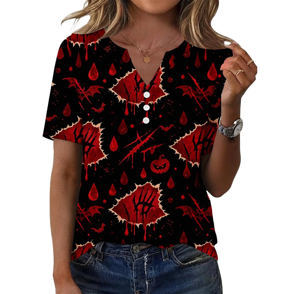 Women's Casual V Neck Short Sleeve Button T Shirt Halloween Print Top Relaxed Fit Lightweight Soft Fabric