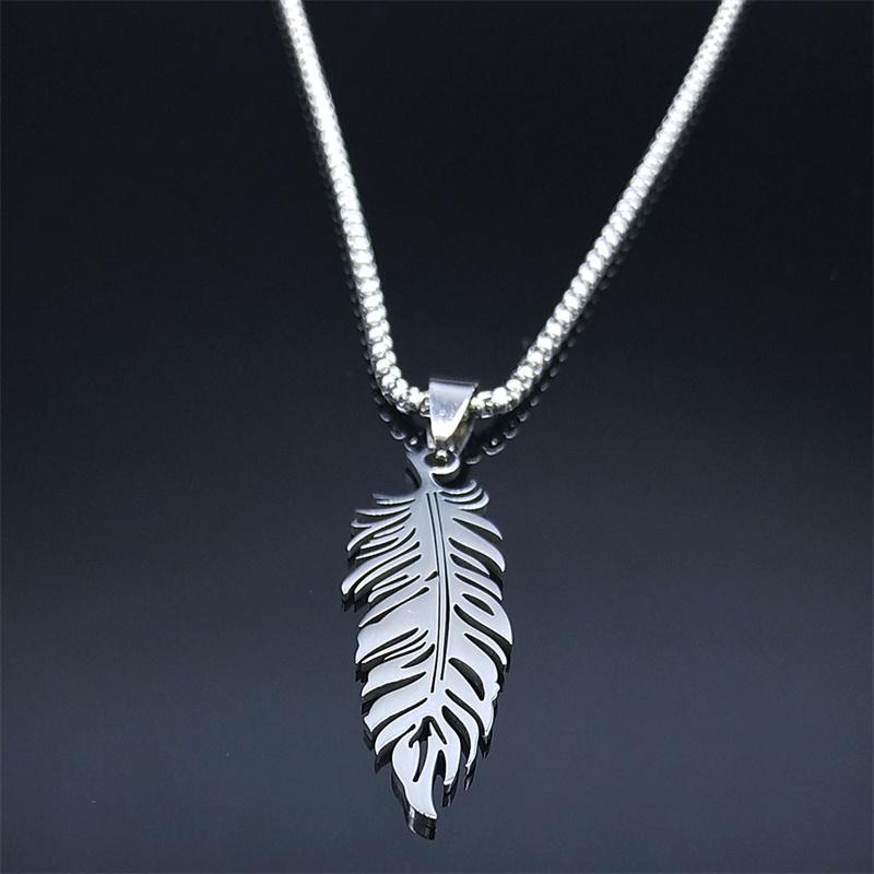 Boho Feather Pendant Male Necklace for Women Men Stainless Steel Silver Color Leaf Chain Jewelry Gift Collar Hombre N3393S01