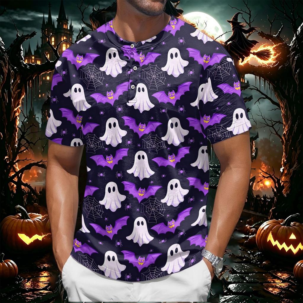 Men's Halloween Short Sleeve Henley Shirt Pumpkin and Bat Print Casual Lightweight Breathable Top for Seasonal Wear