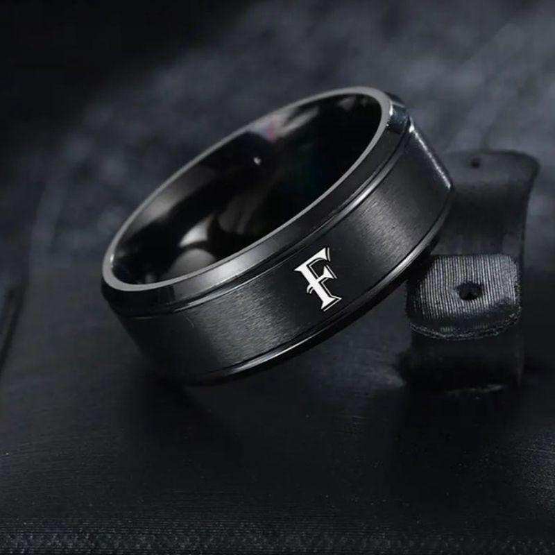 1pc Fashion 26 English Letters Ring With Double Beveled Edges, Men's Stainless Steel Ring