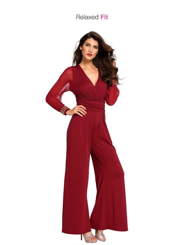 Women's V-Neck Mesh Stitching Rivet Straight-Leg Jumpsuit In Stock