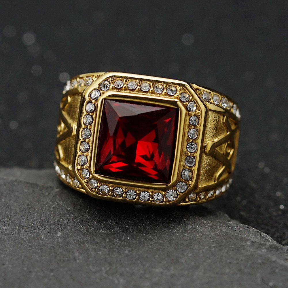 Stainless Steel Ring Vintage Gold Color Rhinestone Male Hiphop Rock Man Women Retro Free Mason Freemasonry Masonic Jewelry