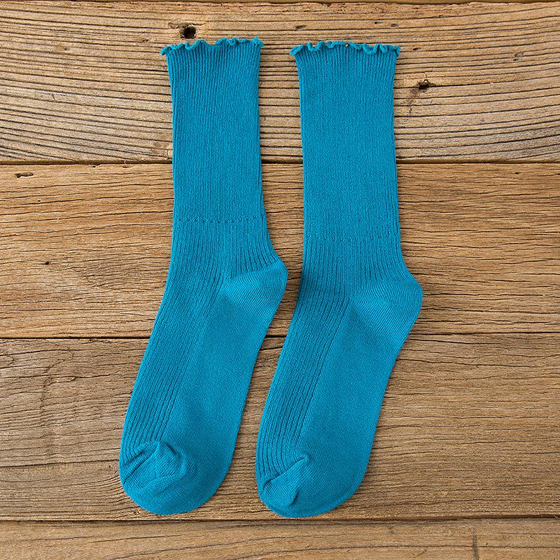 Cotton Breathable Women Socks Harajuku Retro Streetwear Solid Black White Socks Women Japanese Kawaii Cute Frily Ruffle Socks