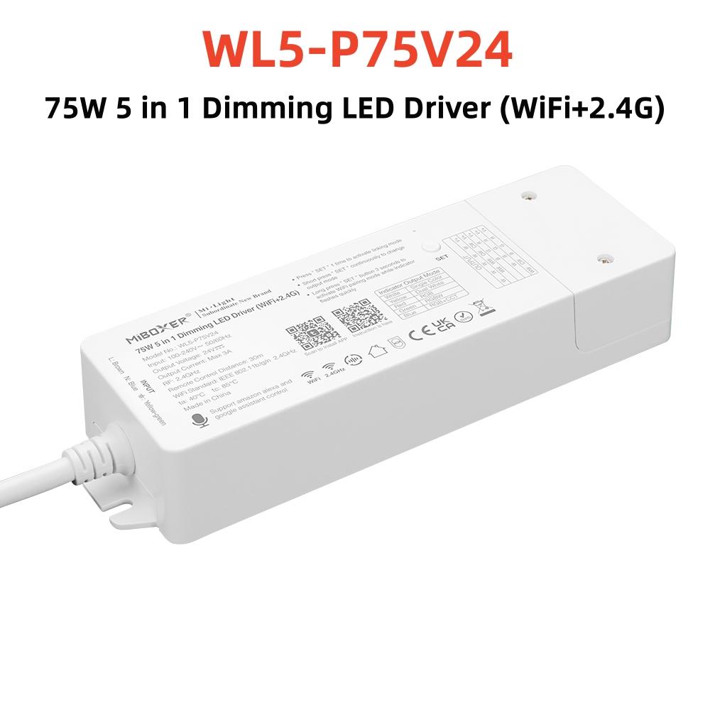 

Драйвер светодиодов RGB+CCT с диммированием MiBoxer WL5-P75V24 WiFi+2.4G Встроенный адаптер питания AC100В~240В К DC24В 75Вт Поддержка множественного управления