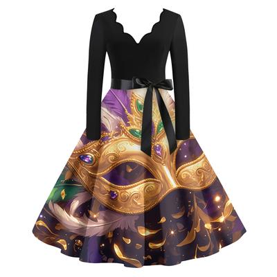 Women's Casual Fashion V Neck Long Sleeve Printed Vintage Long Dress