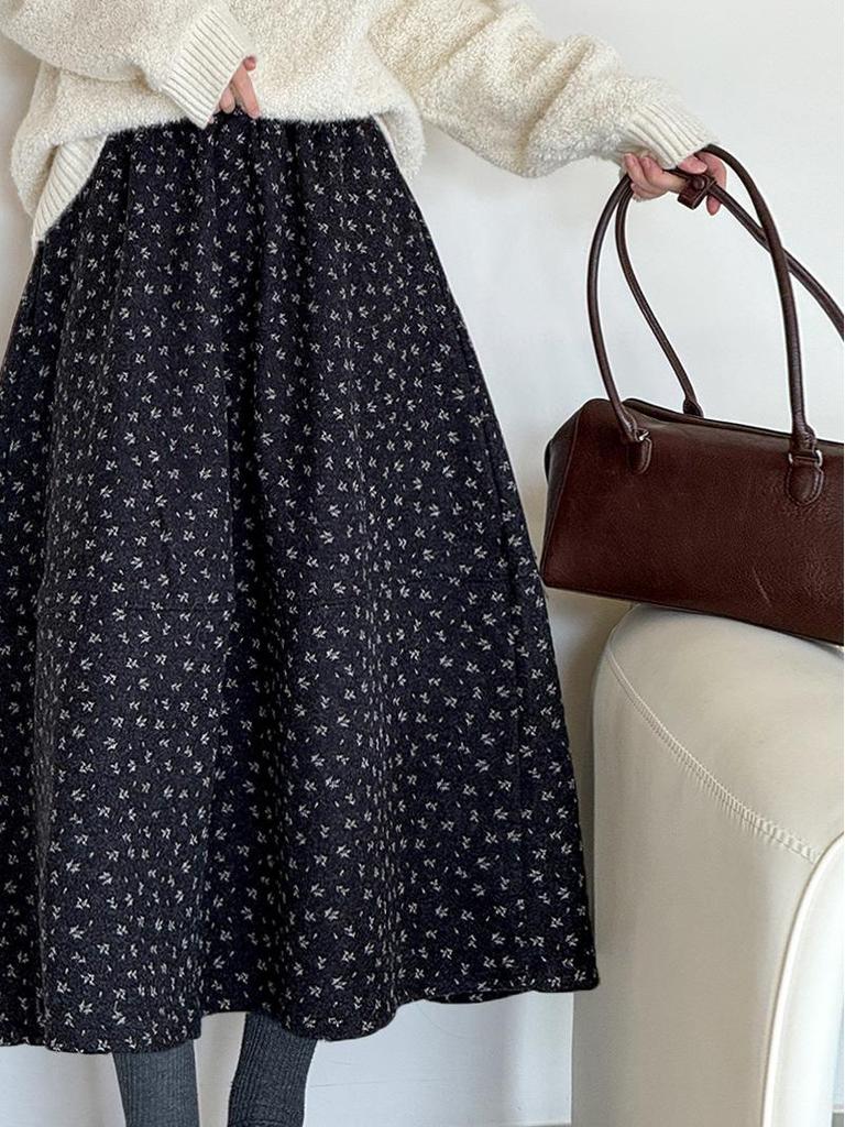 Youge Retro Floral Woolen Mid-Length Skirt with Elastic Waist 860