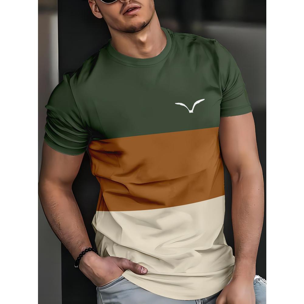 Men's 3D Digital Printed Color Blocked T-shirt, Breathable Mesh Fabric, Casual Round Neck Short Sleeved T-shirt, Summer Fashionable Street Wear