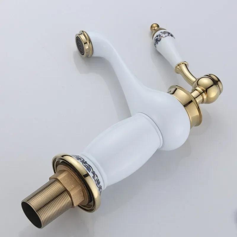 Single Handle Mixer Tap Copper Brass Latin Faucet High Quality Basin White Ceramic Faucet Golden Finish Bathroom Mixer Taps