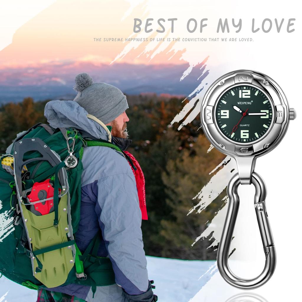 Uhr Schlüsselanhänger Clip Karabiner Uhr Taschenuhr Analog Wasserdicht Klettern Taschenhalter Silber Grün Modisches Accessoire Herrn Damen