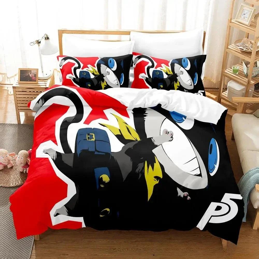 3D-Druck Persona 5 Bettwäsche-Set Cartoon Anime Bettbezug Dreiteiliges Set für Erwachsenen Kinder Schlafzimmer Heimtextilien Geburtstagsgeschenk