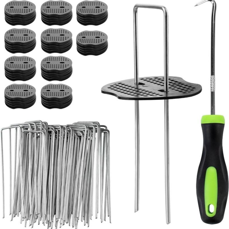 101Pcs Garden Stakes Set 50 U-Shaped Staples Pegs 50 Fixing Gaskets 1 Pick Hook