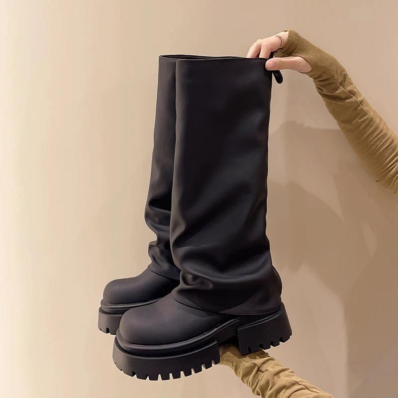 Winter Punk Style Pleated Women Knee High Boots Fashion Platform Height Increase Long Booties Zapatos De Mujer