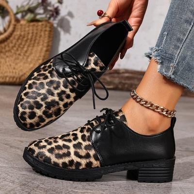 Leopard Spliced Single Shoes Fashion Round Toe Lace-Up Soft Slip Non-Slip Leather Block Heel Low-Top Shoes