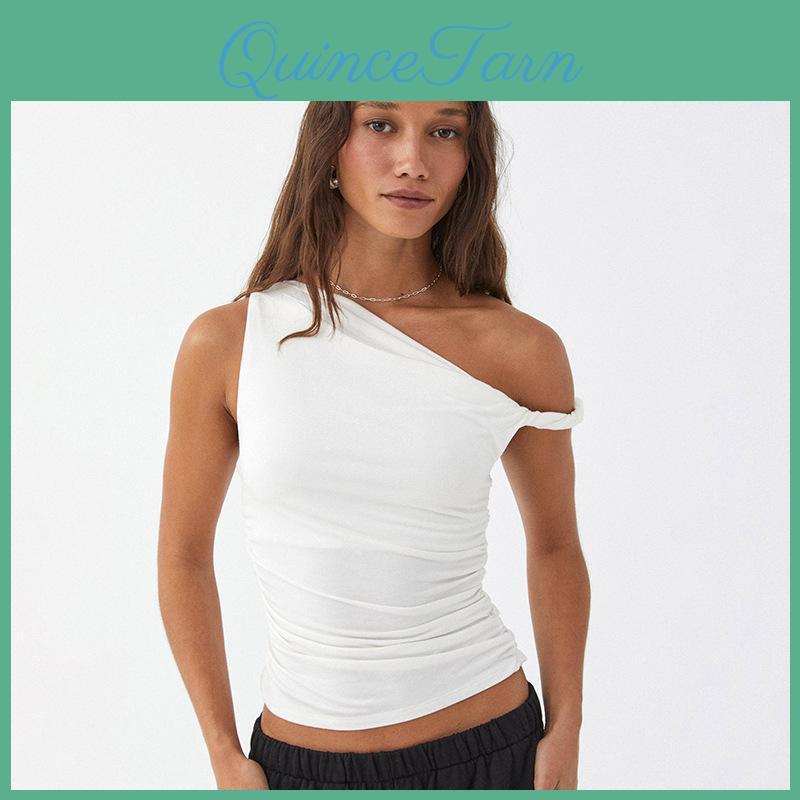 Simple Summer Casual Basic Tank Top Sleeveless Solid Color Off Shoulder Side Ruched Crop Tops Vestidos Spring Women