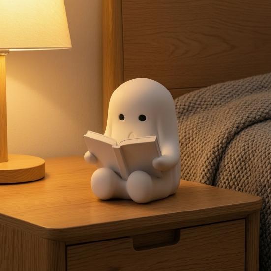 Ghost Reading Book Figurine, 3D Printed Cute Mini Sitting Ghost Statue for Halloween Bookshelf, Desk, Indoor Home Decor