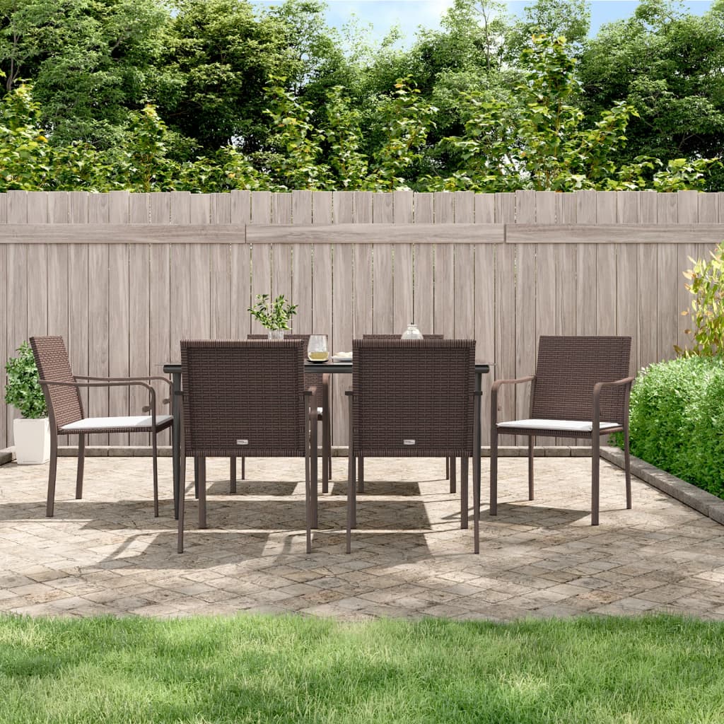 7 piece outdoor dining set with cushions poly rattan and steel